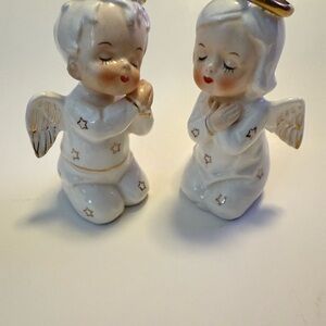 Vintage Mid Century Ceramic Praying Angel Figurines w/ Gold Accents, Japan